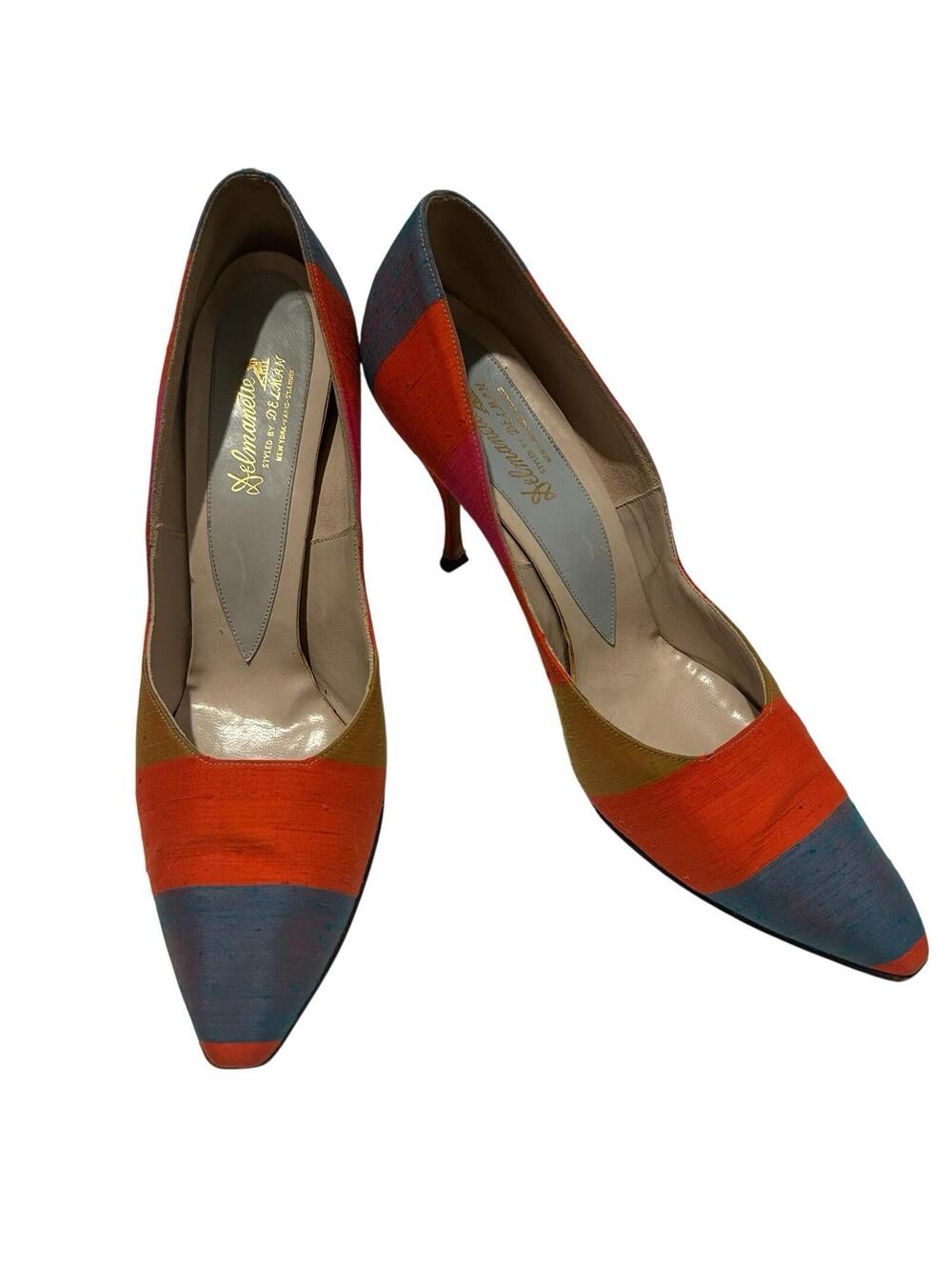 Vintage 60s Delman Delmanette Silk Colorblock Heels Pumps 9